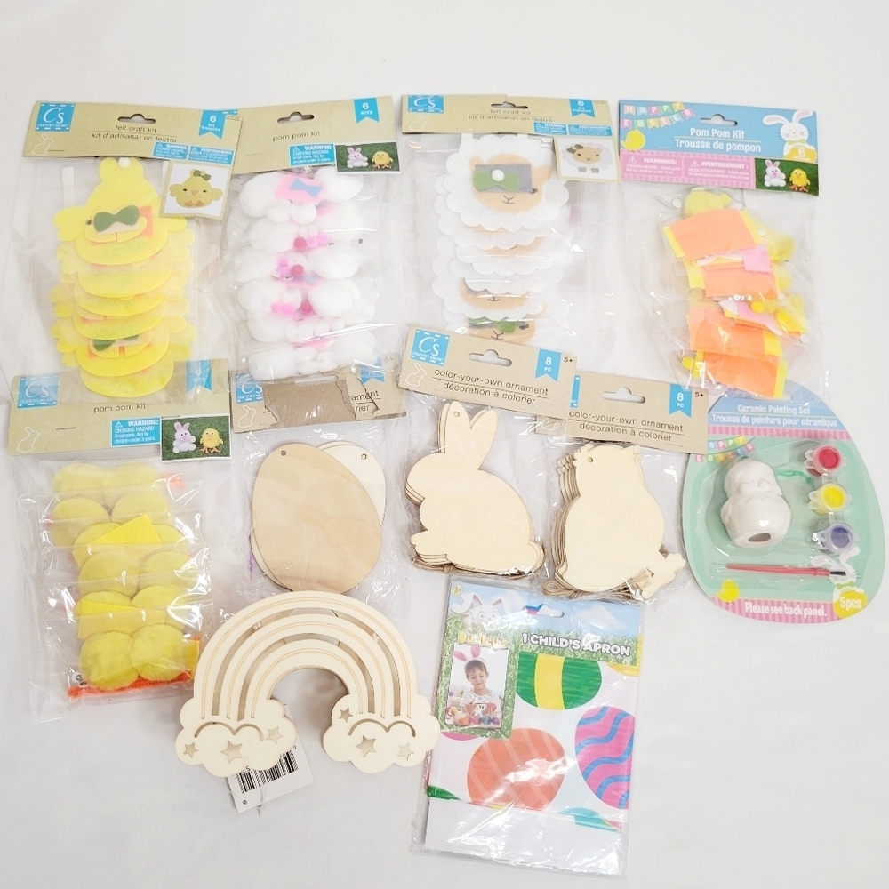 Last Chance! Lot (10) Easter Craft Kits with Wooden Shapes Ceramic Pom Poms Felt